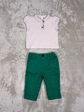 Burberry Baby Girl Outfit Set 6M Pink Polo Top Green Pants Designer Set